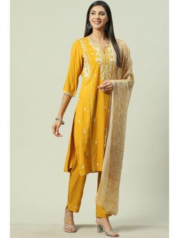 Biba - Yellow Embroidered Kurta (Set of 3)