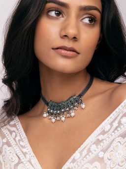 Indya - Oxidized Green Stone White Pearls Choker Necklace Earrings Set (Set of 2)