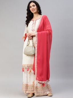 Readiprint - Semi-Stitched Georgette Cream Kurti with Bottom and Dupatta (Set of 3) (Free Size)