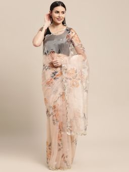 Vastranand - Peach Organza Floral Print Party Wear Saree with Unstitched Blouse