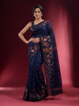 CHARUKRITI - Midnight Blue with Floral Zari Design Saree with Unstitched Blouse