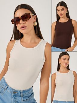 Styli - Women Multi Color Solid Round Neck Sleeveless Fitted Tank Top (Pack of 2)