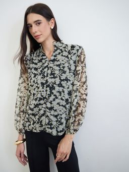Styli - Women Black Abstract Floral Printed V Neck Long Sleeves Regular Fit Top
