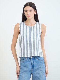 Styli - Women Grey Vertical Striped Round Neck Sleeveless Regular Fit Cotton Top