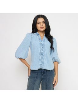 Madame - Embroidery Detail Powder Blue Cotton Top