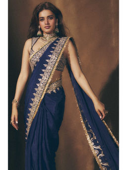 Gopi Vaid - Layla Navy Blue Saree with Stitched Blouse