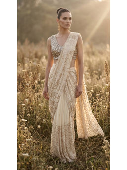 Basanti Kapde aur Koffee - Ivory Organza Embroidered Draped Saree