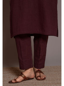The Indian Ethnic Co. - Wine Solid Slub Cotton Narrow Pant