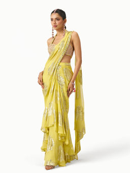 TONOTO - Mehbooba Yellow Draped Saree with Blouse Set