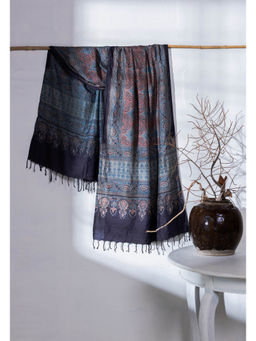 VASTRA RAAG - Navy Blue Ajrakh Hand Block Printed Handloom Pure Tussar Silk Stole