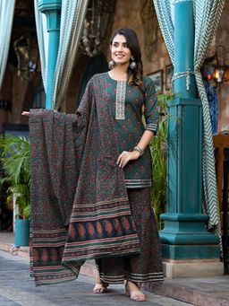 Yufta - Women Green Floral,Zari Work Kurta Sharara with Dupatta (Set of 3)