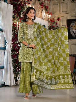 Yufta - Women Olive Green Ethnic Motifs,Zari Work Kurta Sharara with Dupatta (Set of 3)