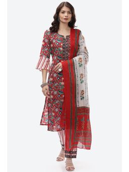 Biba - Red Cotton Unstitched Suit (Set of 3)