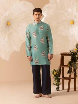 Eleven Brothers - Teal Happy Pour Silk Kurta
