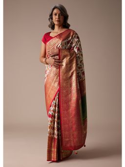 KALKI FASHION - Angel Wing White Patola Print Saree in Satin with Unstitched Blouse