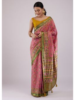 KALKI FASHION - Pink & Green Toned Patola Print Saree with Unstitched Blouse