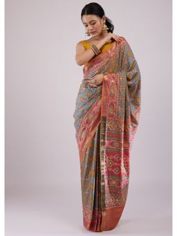 KALKI FASHION - Multi-Color Patola Print Silk Saree with Unstitched Blouse