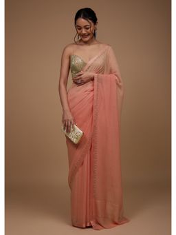 KALKI FASHION - Pink Chiffon Saree with Swarovski Stone & Zari Border with Unstitched Blouse