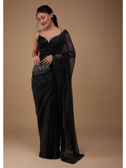 KALKI FASHION - Black Chiffon Saree with Swarovski Stone & Satin Border with Unstitched Blouse