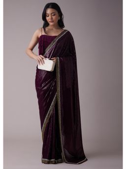 KALKI FASHION - Grape Wine Purple Sequins Saree with An Embellished Border with Unstitched Blouse