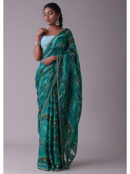 KALKI FASHION - Viridian Green Crepe Saree with Cut-dana & Sequins Work with Unstitched Blouse