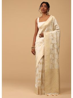 KALKI FASHION - White Dola Silk Saree with Jaal Embroidery with Unstitched Blouse