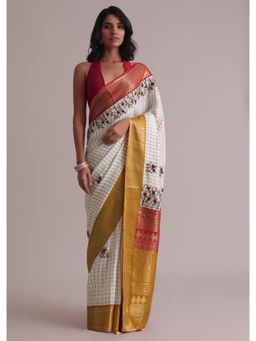KALKI FASHION - White Saree in Linen Silk with Resham 3D Bud Embroidery with Unstitched Blouse
