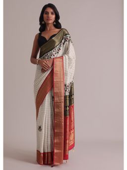 KALKI FASHION - White Saree with Colorful Borders with Unstitched Blouse