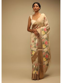 KALKI FASHION - Gold Beige Saree in Zari Kota Silk with Unstitched Blouse