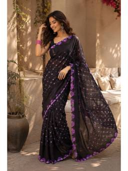 Sutra Attire - Black Hand Bandhani Silk Saree with Unstitched Blouse