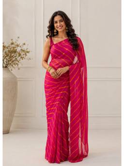 Sutra Attire - Pink Leheriya Stripes Chiffon Saree with Unstitched Blouse