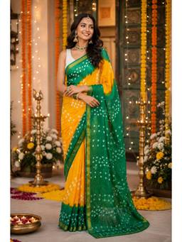 Sutra Attire - Yellow Dyed Bandhani Silk Saree with Unstitched Blouse