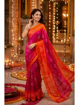 Sutra Attire - Pink Dyed Bandhani Silk Saree with Unstitched Blouse