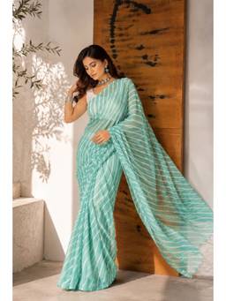 Sutra Attire - Jade Blue Chiffon Leheriya Saree with Unstitched Blouse