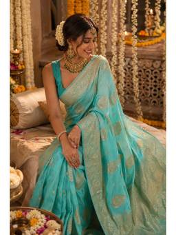 Sutra Attire - Womens Shaded Blue Silk Saree with Unstitched Blouse with Zari work
