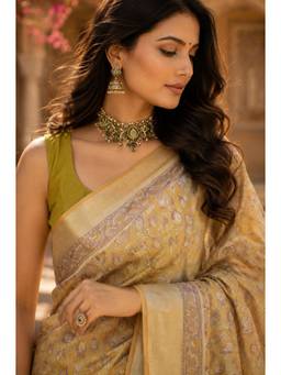 Sutra Attire - Mustard Floral Printed Silk Saree with Unstitched Blouse