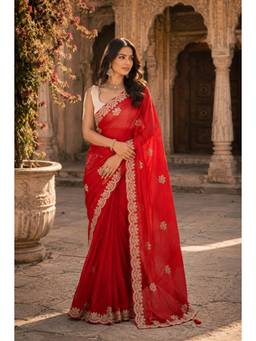 Sutra Attire - Red Pittan Work Silk Saree with Unstitched Blouse