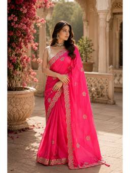 Sutra Attire - Pink Pittan Work Silk Saree with Unstitched Blouse