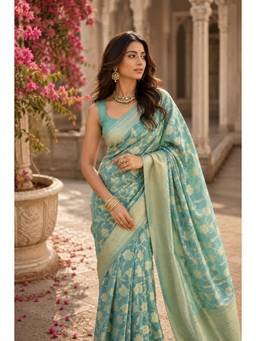 Sutra Attire - Aqua Blue Cotton Zari Handwoven Saree with Unstitched Blouse