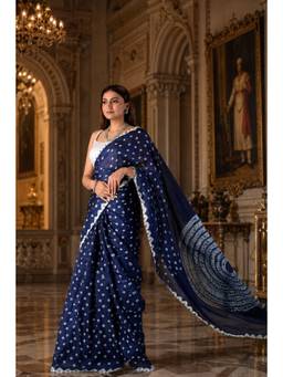 Sutra Attire - Navy Blue Tie and Dye Silk Saree with Unstitched Blouse