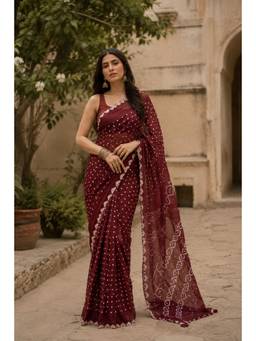 Sutra Attire - Brown Handcrafted Bandhani Silk Saree with Unstitched Blouse