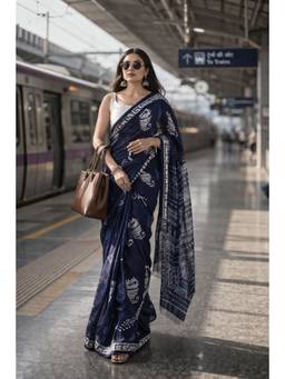 Sutra Attire - Navy Blue Hand Block Printed Pure Cotton Saree with Unstitched Blouse
