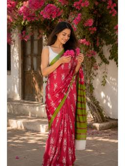 Sutra Attire - Red Hand Block Printed Pure Cotton Saree with Unstitched Blouse