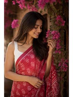 Sutra Attire - Red Hand Block Printed Pure Cotton Saree with Unstitched Blouse