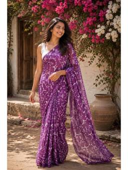 Sutra Attire - Purple Hand Block Printed Pure Cotton Saree with Unstitched Blouse