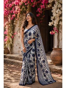 Sutra Attire - Blue Hand Block Printed Pure Cotton Saree with Unstitched Blouse
