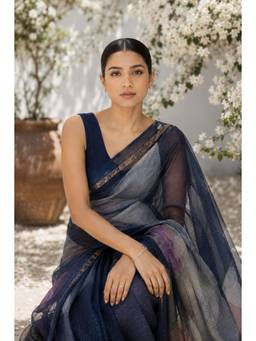 Sutra Attire - Blue Block Printed Pure Kota Doria Saree with Unstitched Blouse