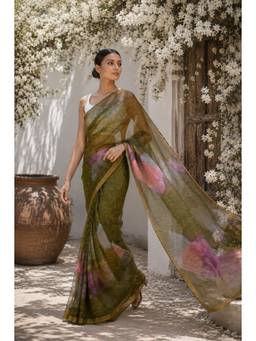 Sutra Attire - Forest Green Block Printed Pure Kota Doria Saree with Unstitched Blouse