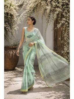 Sutra Attire - Green Block Printed Pure Kota Doria Saree with Unstitched Blouse