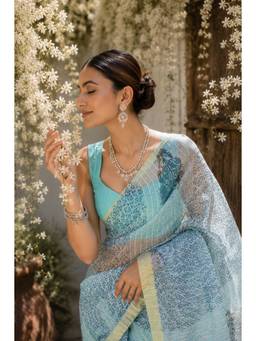 Sutra Attire - Turquoise Block Printed Pure Kota Doria Saree with Unstitched Blouse